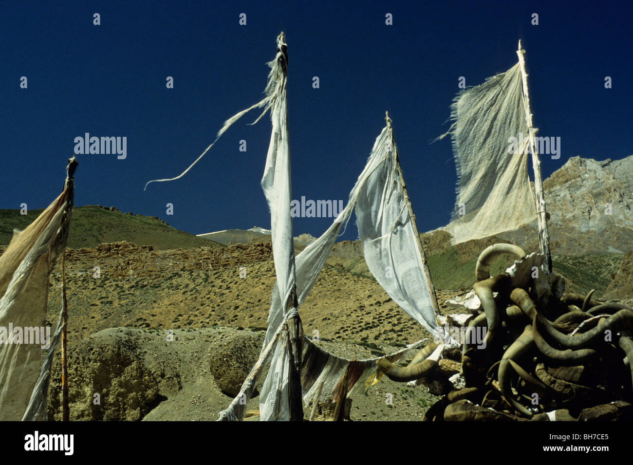 Prayer flags on the Kong-Maru-La Pass that reaches a height of 16000 feet Stock Photo