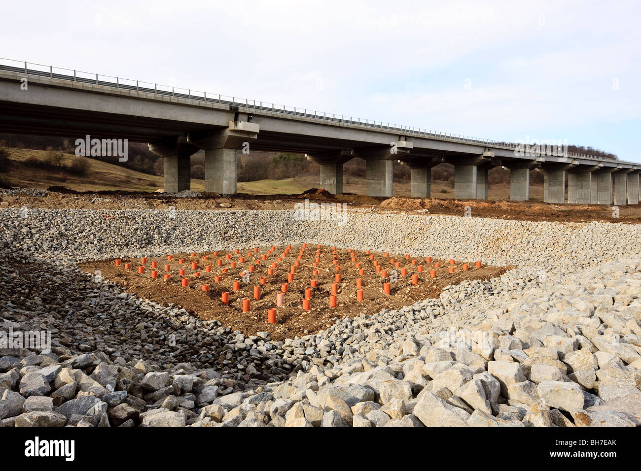 Drainage system of Bechtel built viaduct of the A3 highway near Luna de Sus / Gilau Romania Stock Photo