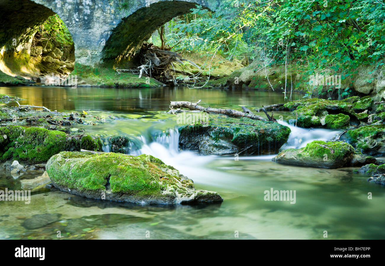 A secluded stream with a small waterfall flowing over large moss covered river stones , Le Céou at Daglan, Perigord Noir, Dordogne, France. Stock Photo