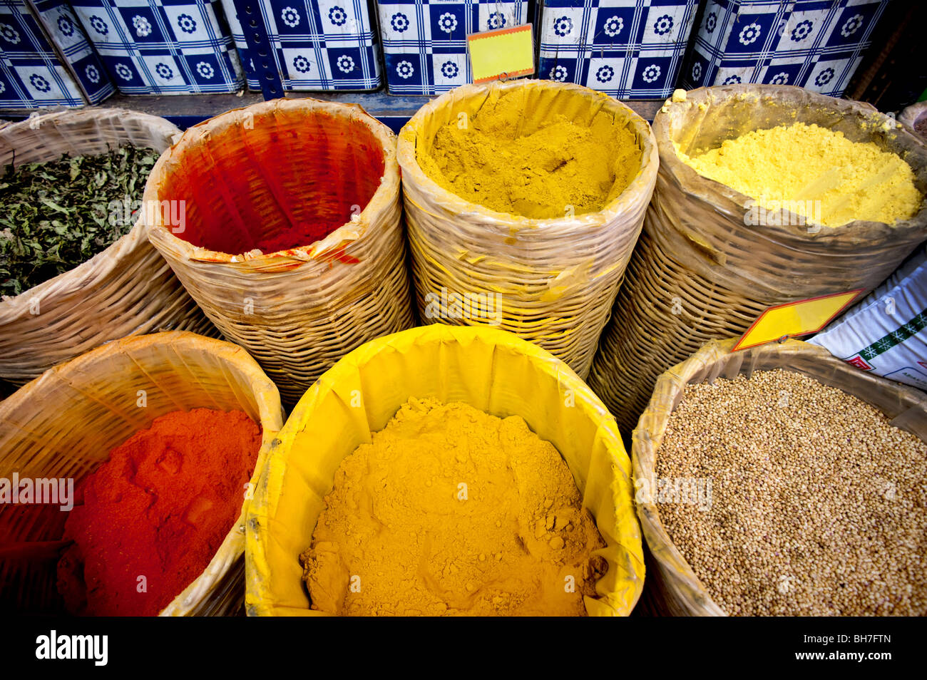 Spice market, baskets of different spices, Athens, Greece Stock Photo