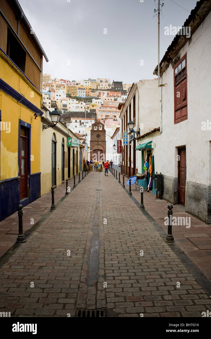 A rainy street leading up to the church in San Sebastian La Gomera, Canary Islands Stock Photo