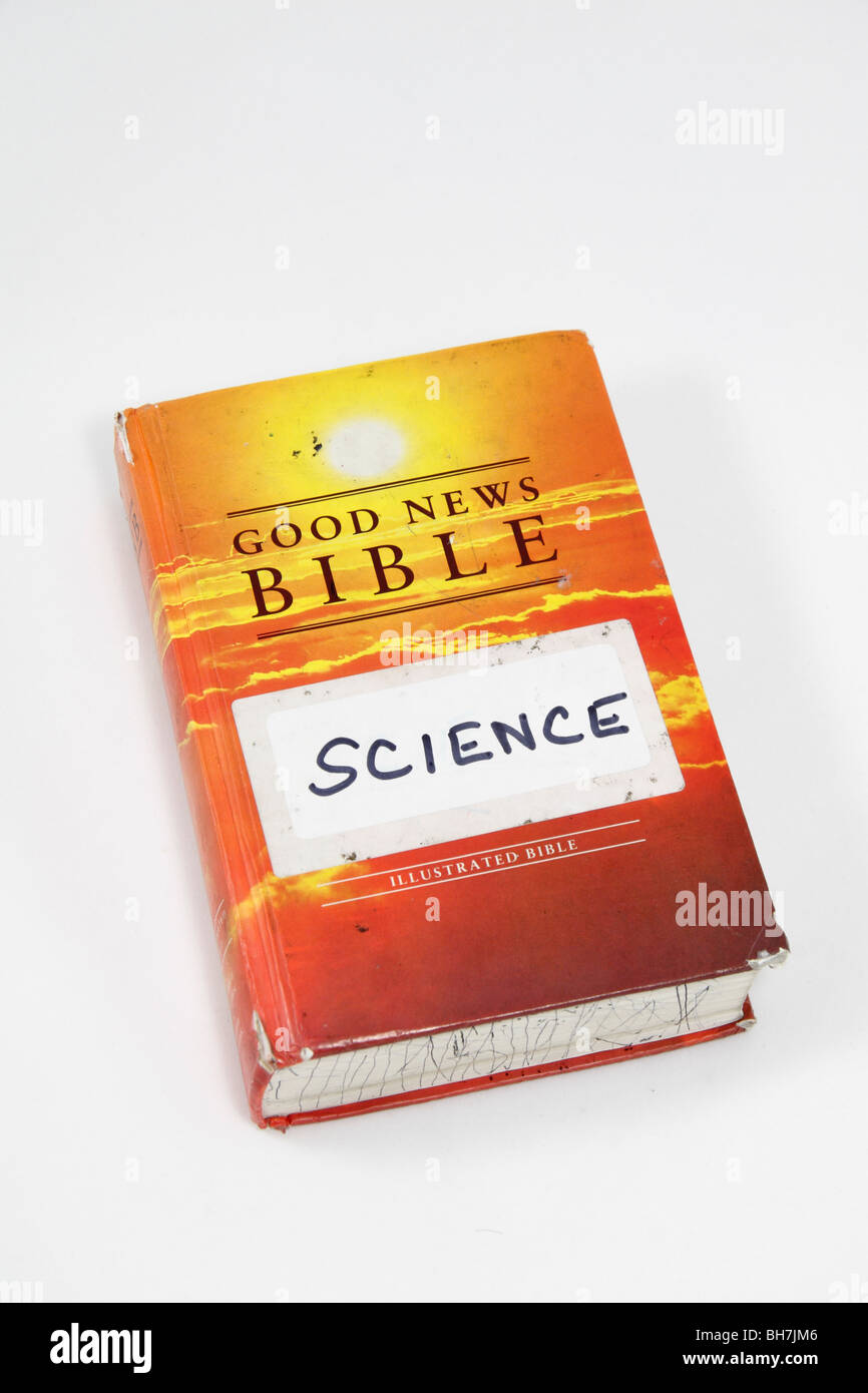 A Good News Bible with a Science sticker on the front. From a Roman Catholic school, UK. Stock Photo