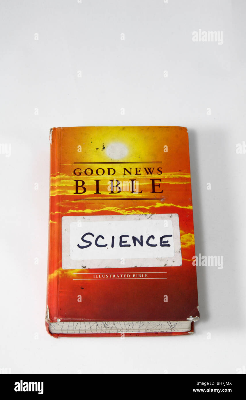 A Good News Bible with a Science sticker on the front. From a Roman Catholic school, UK. Stock Photo
