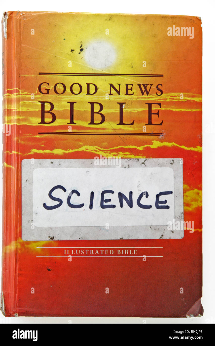 Close of of the front cover of a Good News Bible with a Science sticker on the front. From a Roman Catholic school, UK. Stock Photo