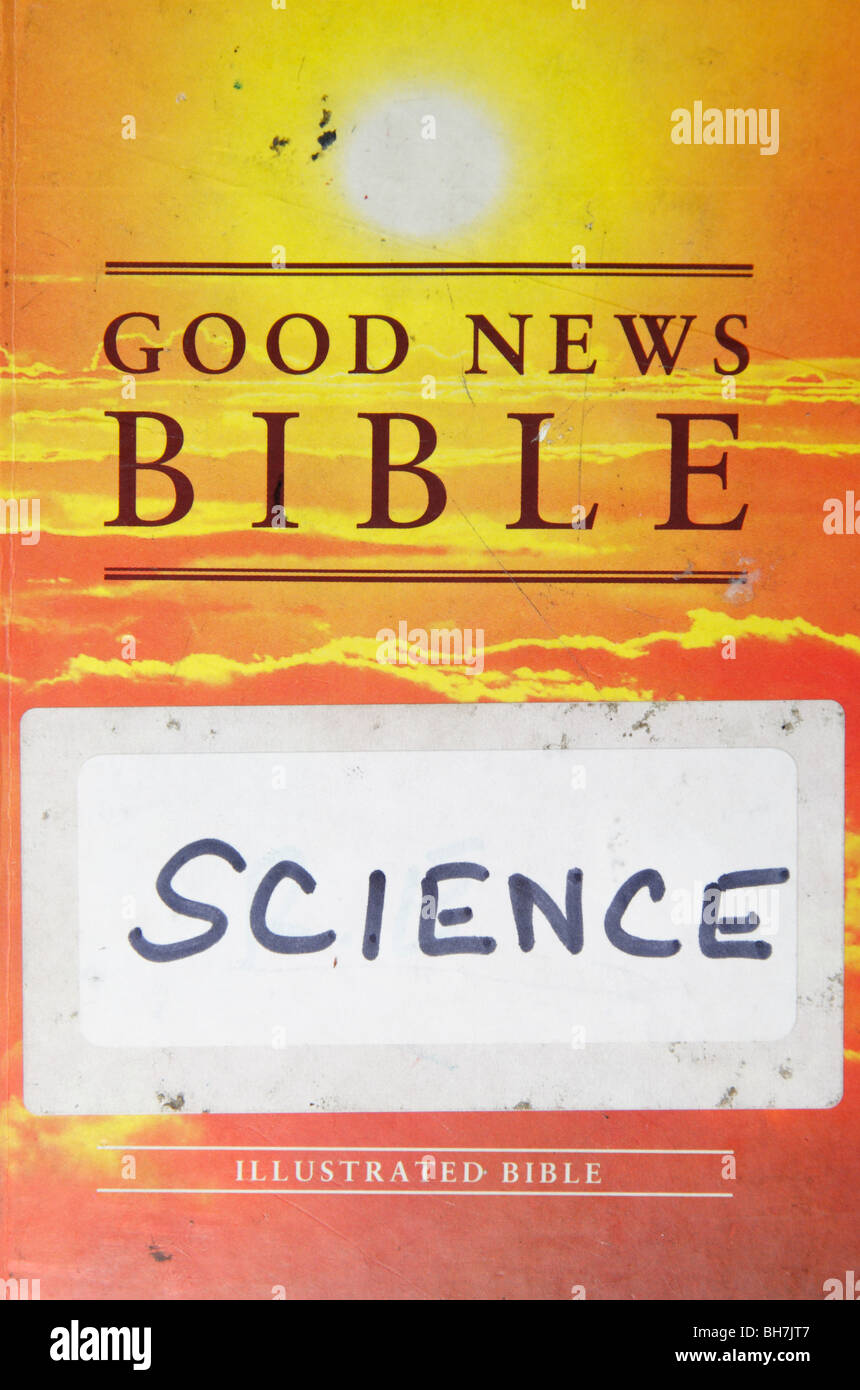 Close of of the front cover of a Good News Bible with a Science sticker on the front. From a Roman Catholic school, UK. Stock Photo