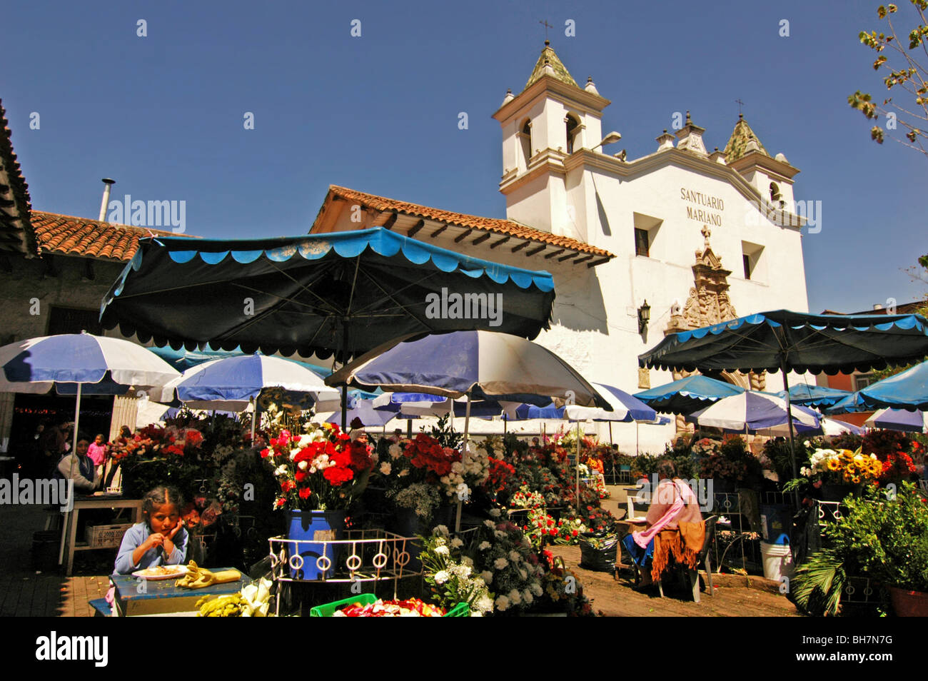 Ecuador, Cuenca, view of a flower market under the shade of sun umbrellas on the place in front of the white Monastery of El Car Stock Photo