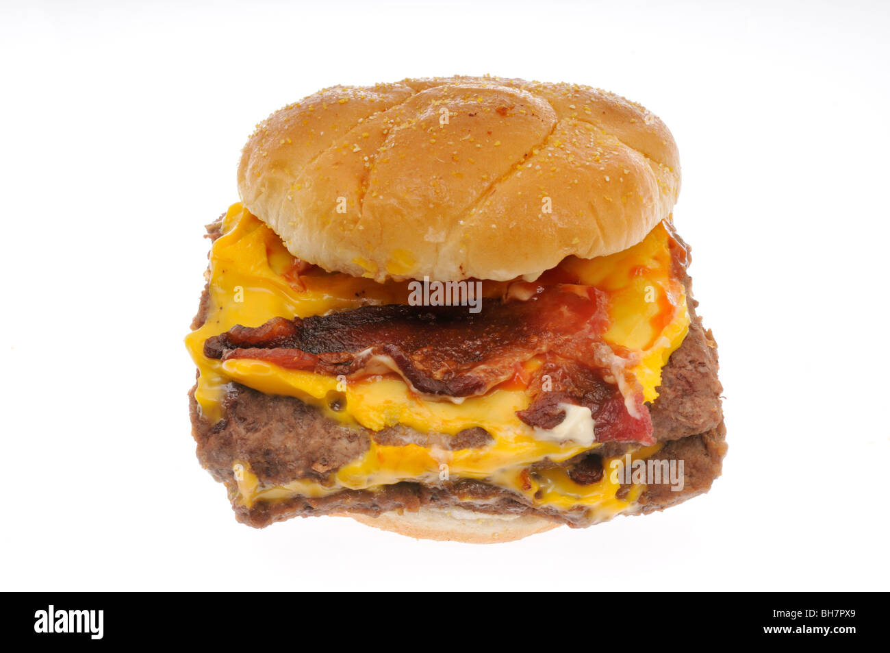 Wendy's bacon double cheeseburger with bun on white background Stock Photo