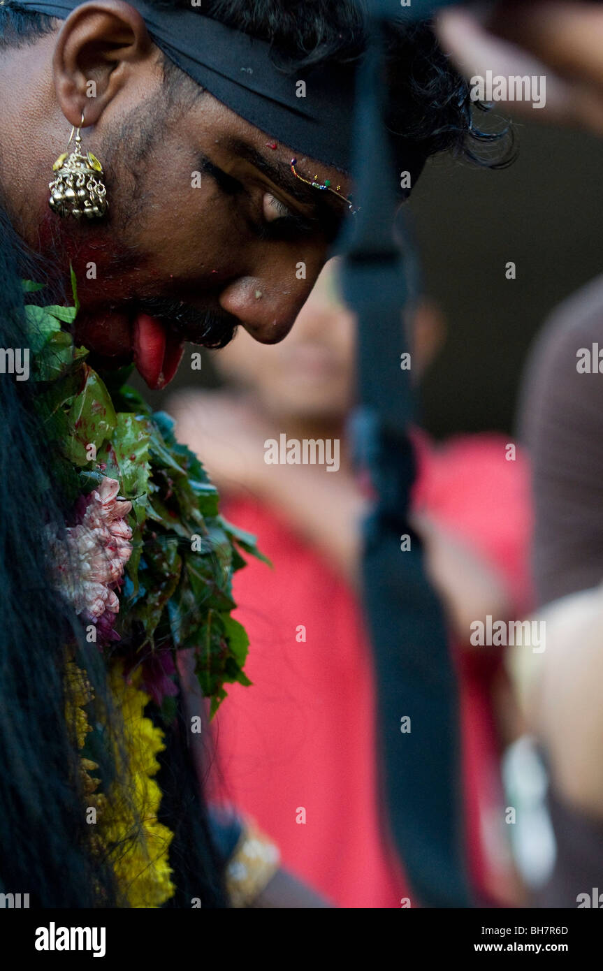 Pilgrims at thaipusam malaysia 2010 being posessed ,Thaipusam is a Hindu festival celebrated mostly by the Tamil community Stock Photo