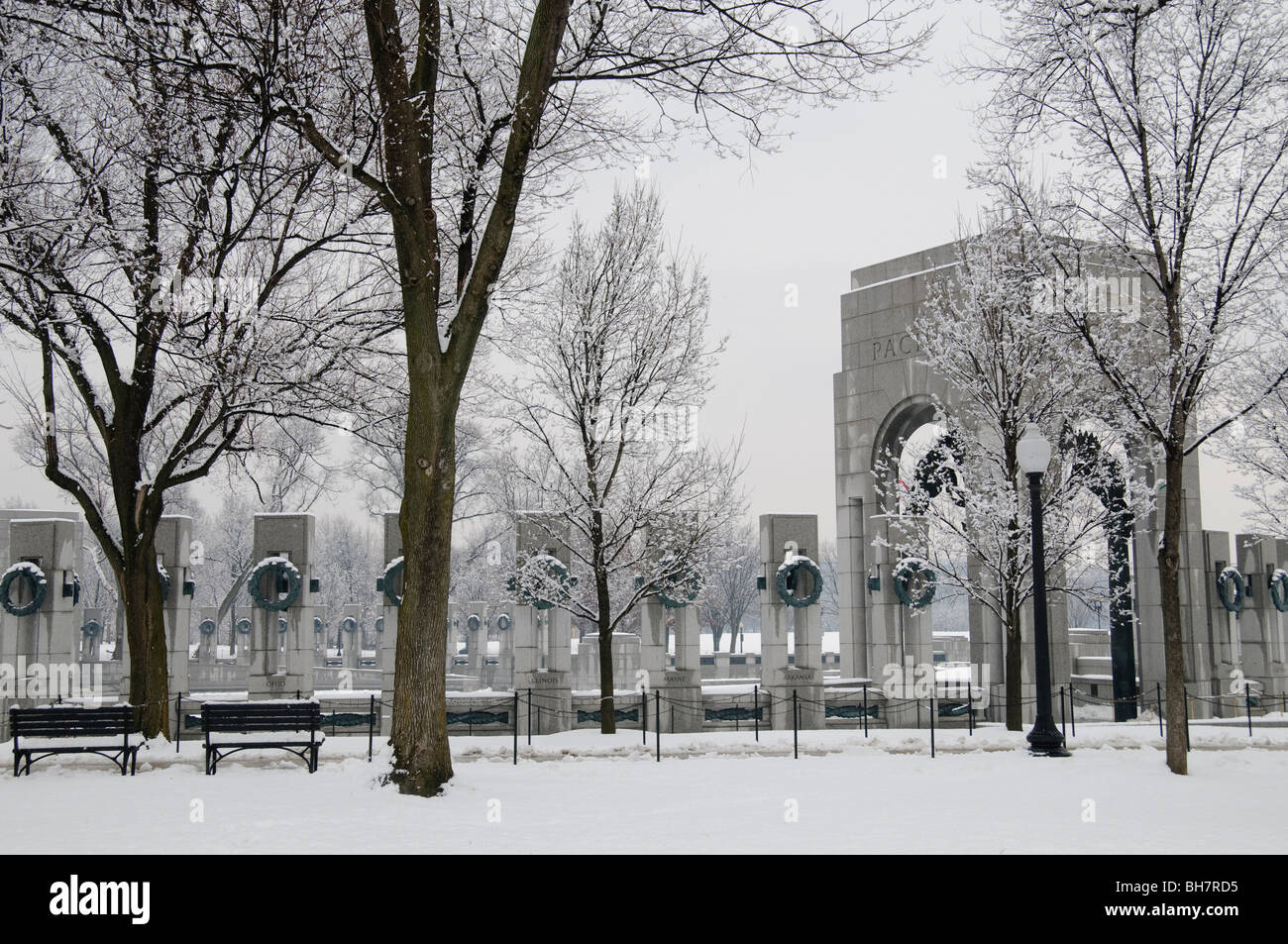 WASHINGTON DC, USA - A snow-covered World War Two Memorial on the National Mall in Washington DC. Stock Photo