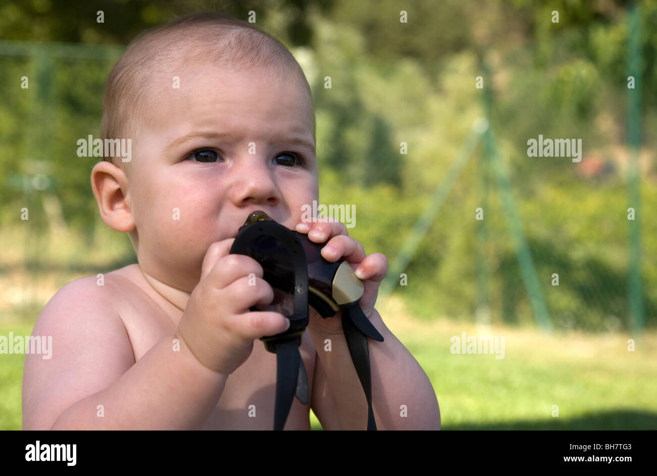 18 months old baby boy in garden Stock Photo Alamy