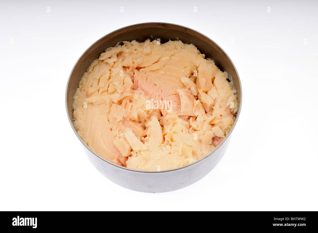 Open can of solid white albacore tuna fish in water on white background cut out. Stock Photo