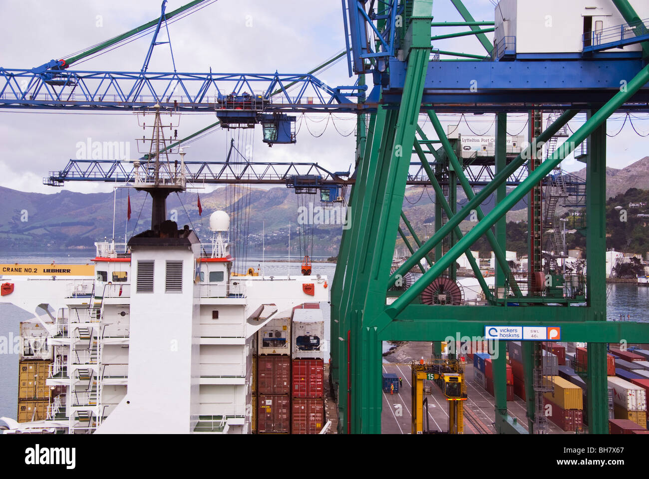 Loading and unloading of a ship  at a container terminal, Lyttelton, New Zealand Stock Photo