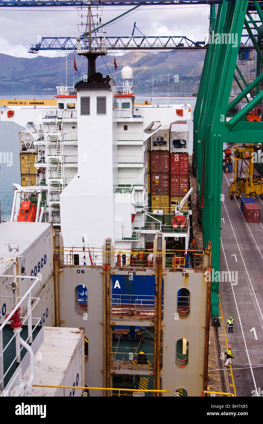 Loading and unloading of a ship  at a container terminal, Lyttelton, New Zealand Stock Photo