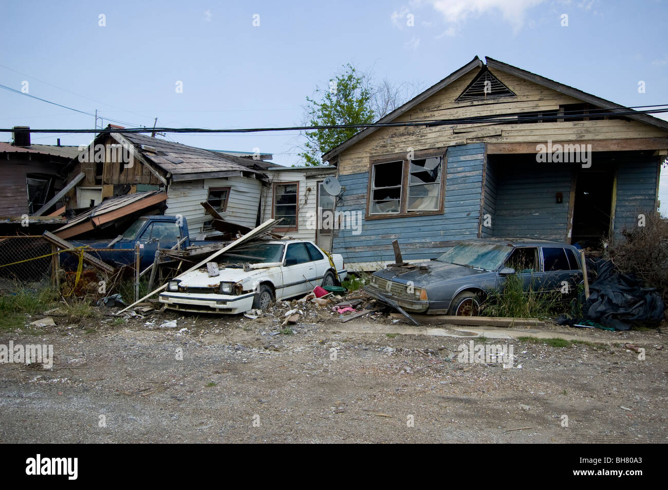 Cars and homes lie in rubble 9 months after Hurricane Katrina, in the Lower Ninth Ward, New Orleans. Stock Photo