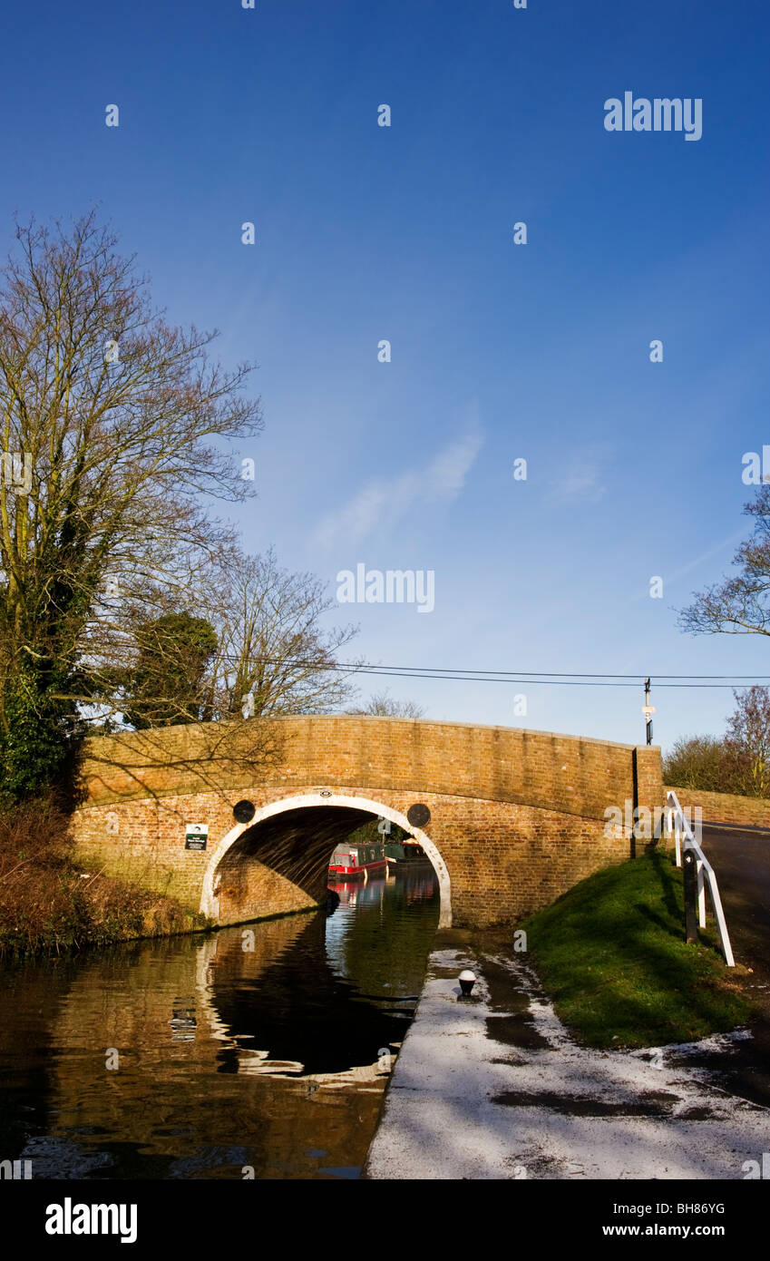 Grand Union brick built canal bridge against a Winter clear blue sky