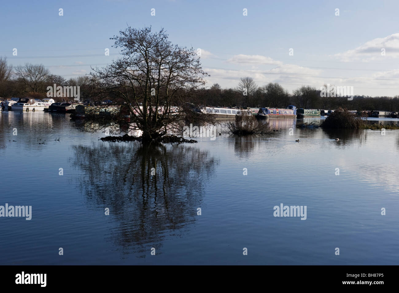 Tree reflections in a calm expanse of water in a Winter scene, narrow boats moored in the distance Stock Photo