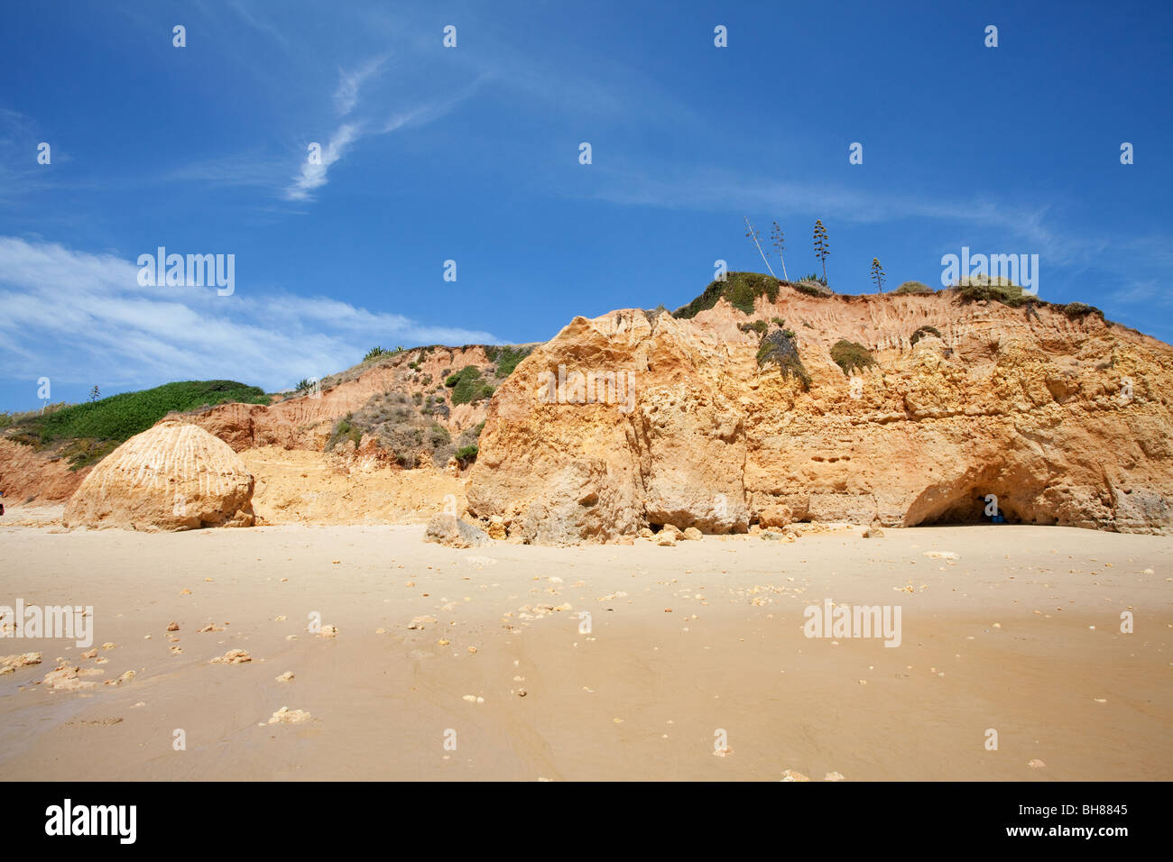 The ground down stack on Maria Luisa beech, Olhos D'Agua, Albufeira, Portugal. After the rockslide that killed 5 people. Stock Photo