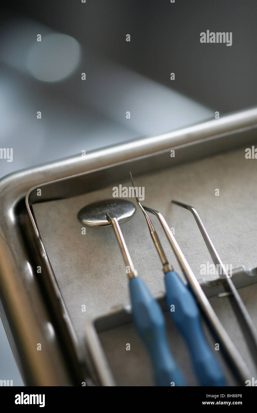 Detail of dental instruments on a tray Stock Photo