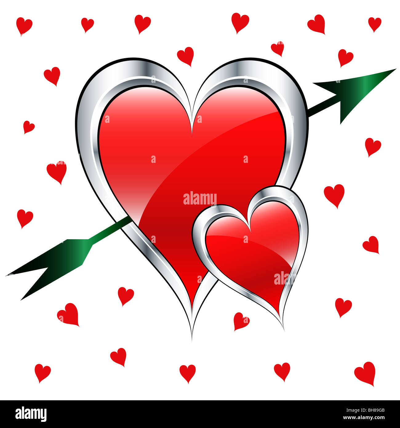 Valentine day love hearts in silver and red with a green arrow set on a ...