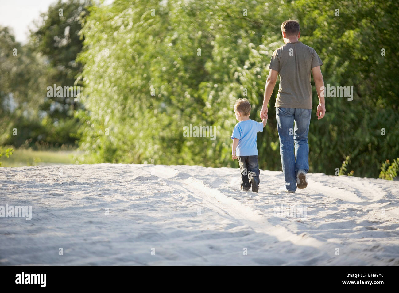 Rear view of a man and a young boy walking hand in hand Stock Photo