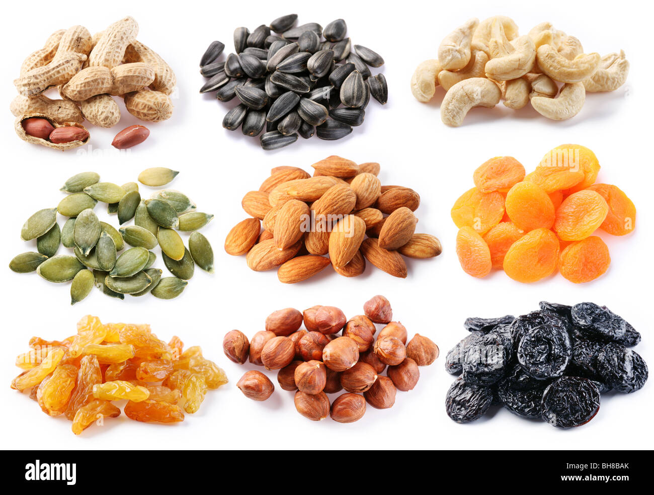 Groups of various kinds of dried fruits on white background Stock Photo