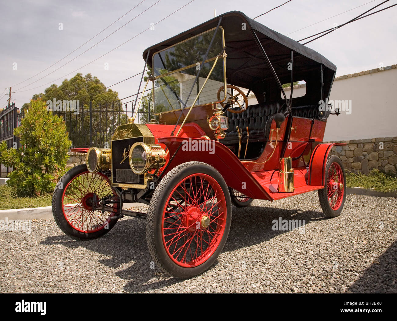 Red antique car at a horseless carriage car rally in Santa Paula, CA