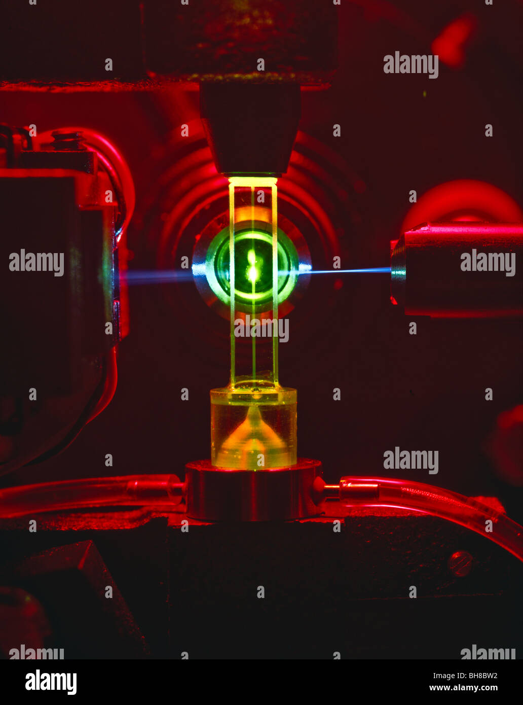 A laser beam counts blood cells flowing through a tiny glass channel in a hospital blood analysis machine. Stock Photo