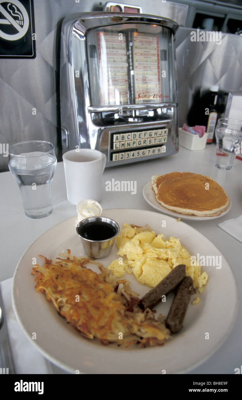Typical American Breakfast Of Sausage Vegetarian Scrambled Eggs Hash Browns Pancakes Maple Syrup Glass Of Water Coffee Stock Photo Alamy