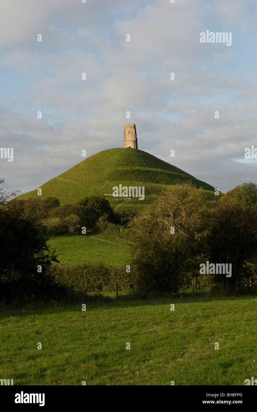 View of Glastonbury Tor and St Michael's Tower Stock Photo