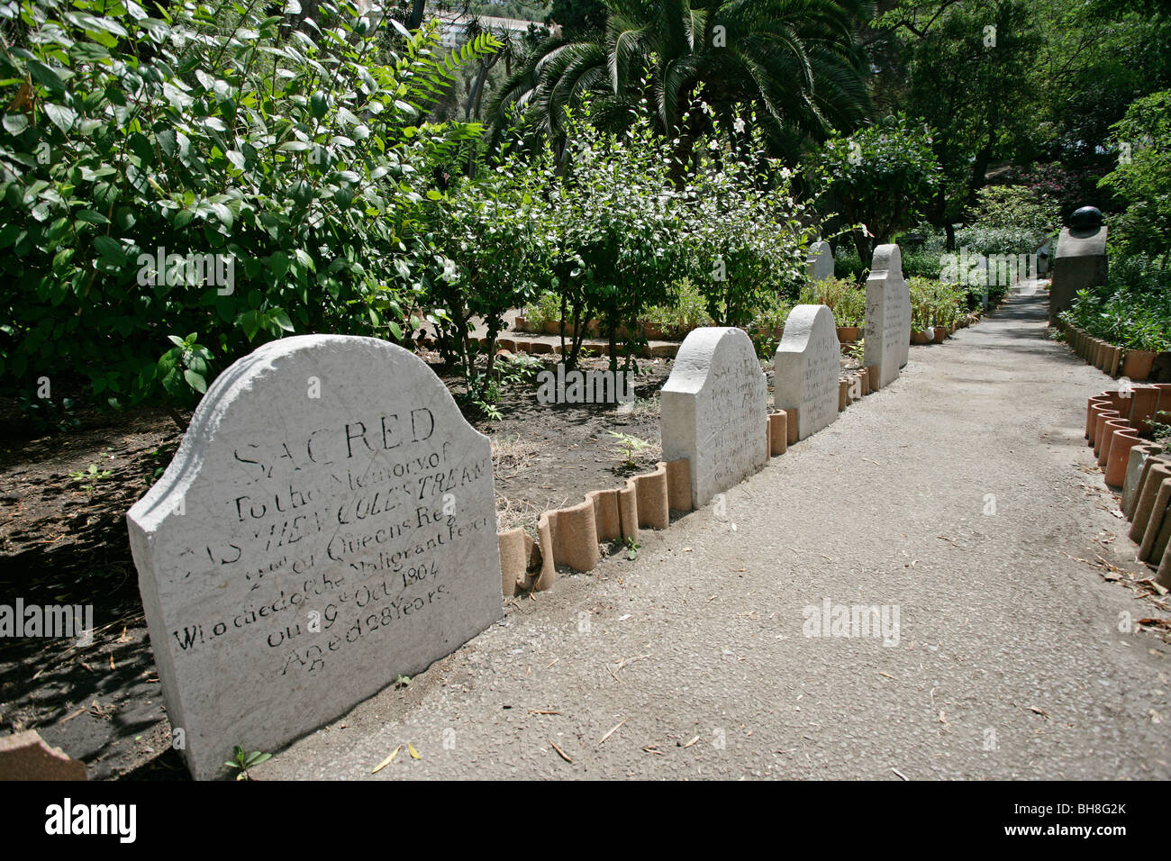 The headstone of a sailor in Trafalgar Cemetery in Gibraltar, England's small territory in the Mediterranean. Stock Photo