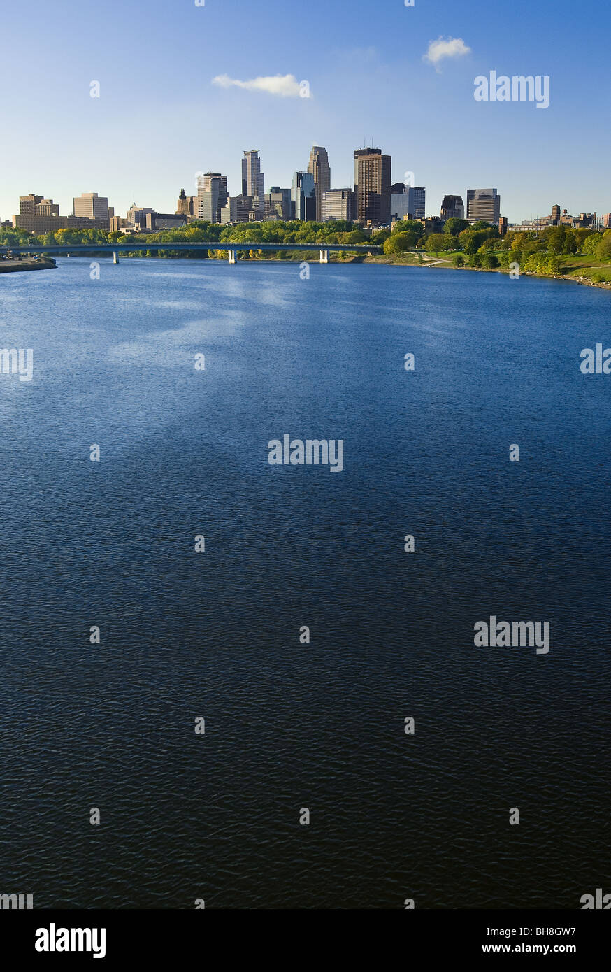 Mississippi River and skyline of Minneapolis, Minnesota Stock Photo