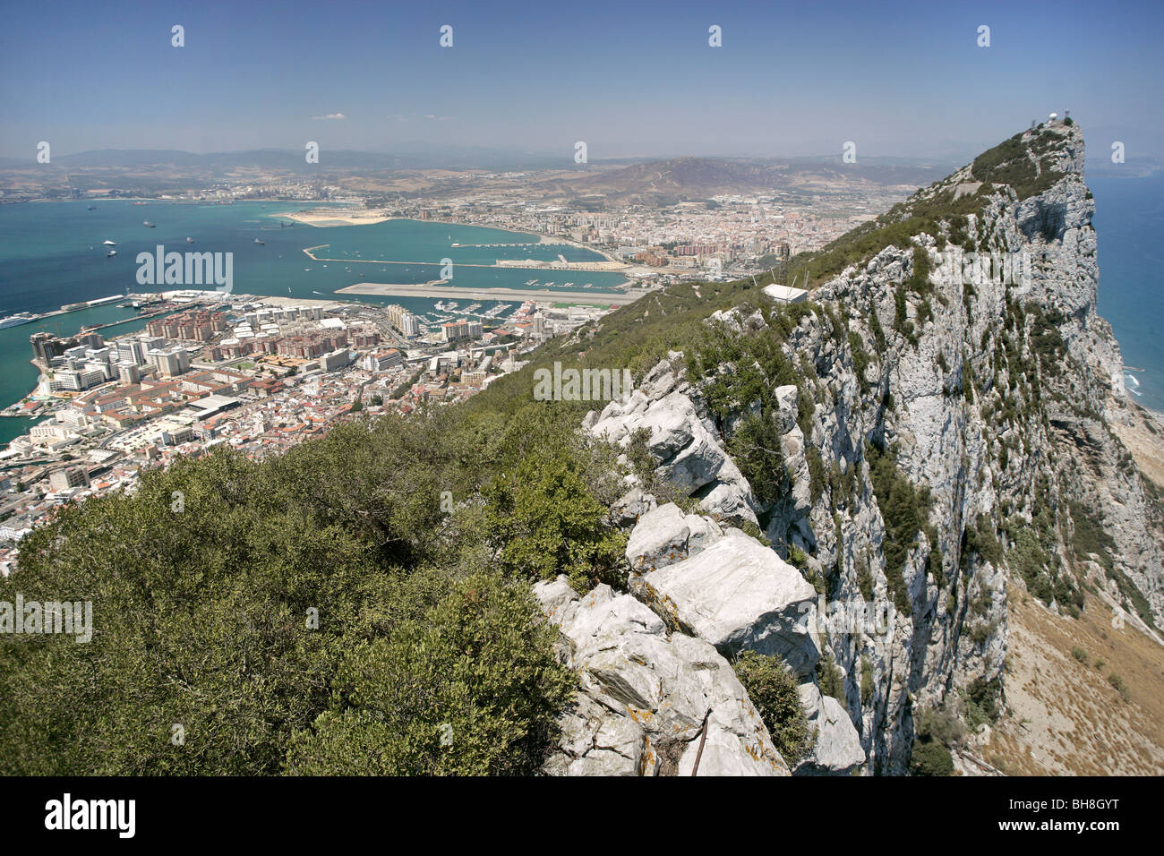 Looking north towards Spain from the top of Gibraltar, England's tiny outpost possession in the Mediterranean. Gibraltar is know Stock Photo