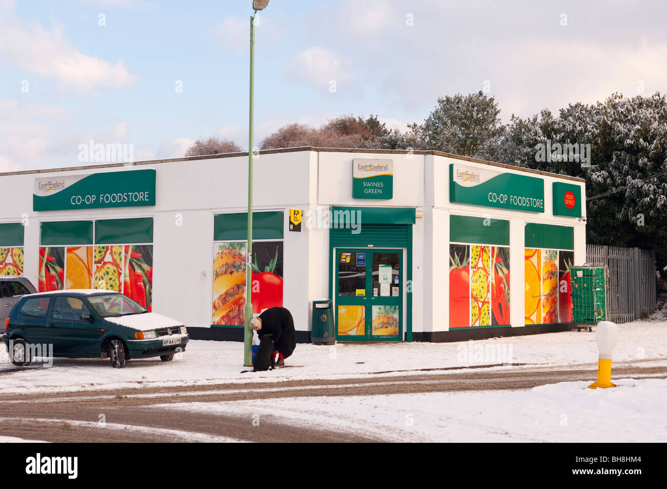 The Co-op foodstore in the snow at Beccles , Suffolk , England , Britain , Uk Stock Photo