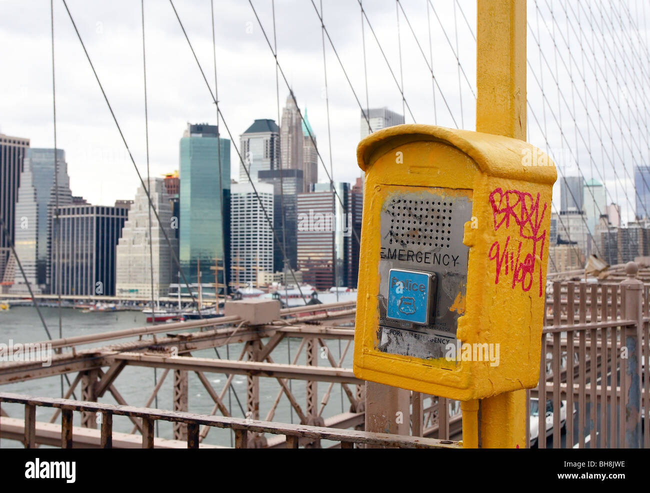 Emergency call box on the Brooklyn Bridge, New York City Stock Photo