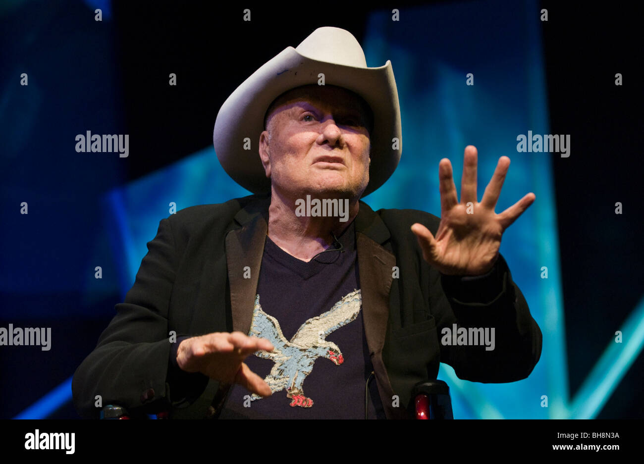 American movie star actor Tony Curtis pictured talking about his life on stage at Hay Festival 2009. Stock Photo