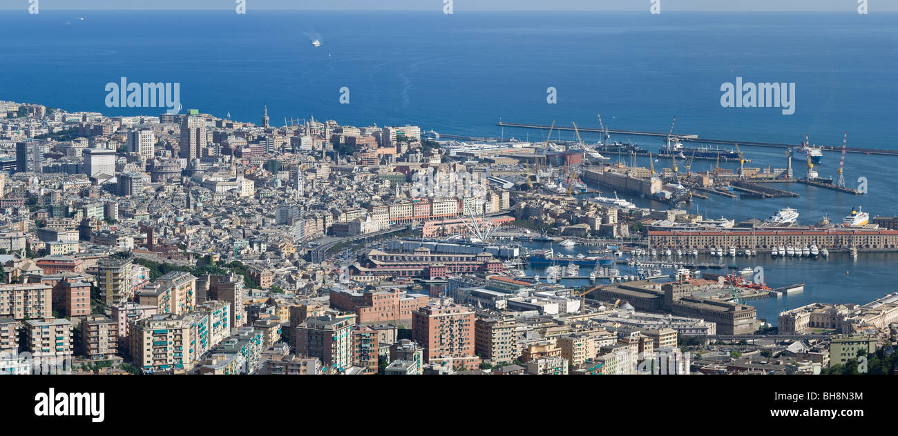 Aerial view of genova, Italy, with the old town and port in a sunny day Stock Photo