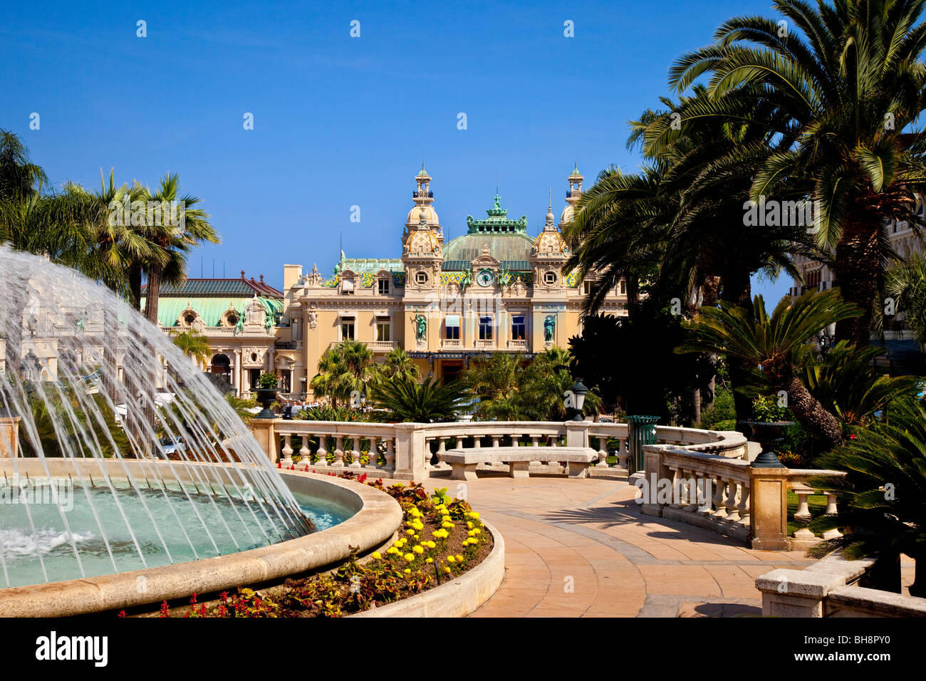 Fountain and garden above Monte Carlo in Monaco Stock Photo