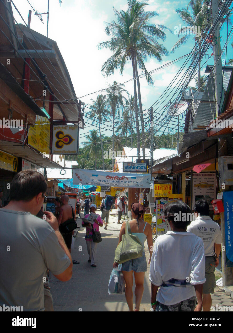 "Ao Ton Sai" (Ton Sai Bay), "Ko Phi Phi", Thailand, Exotic Islands, Tourists Shopping on Street in Village Stock Photo