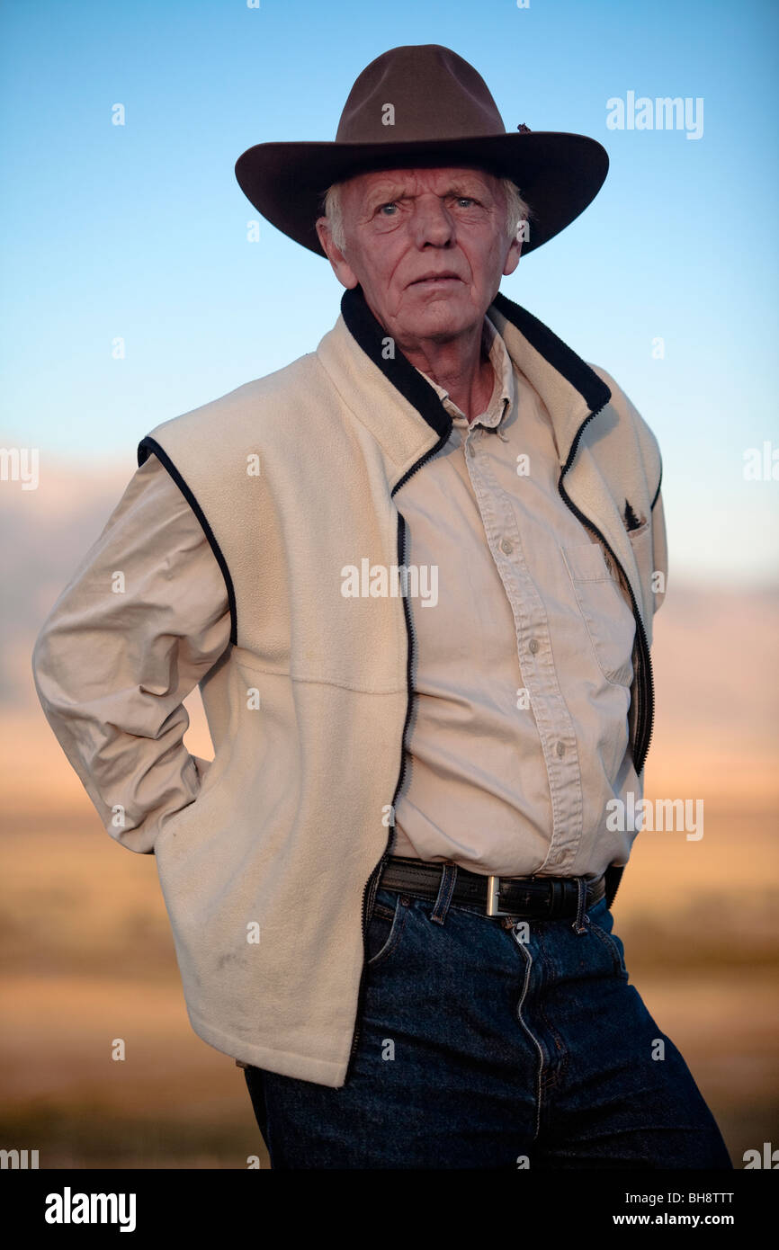 Older man appearing as a pensive old cowboy, Montana, USA Stock Photo