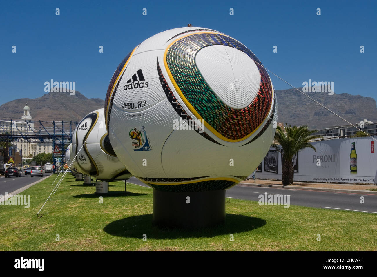 Replica of Jabulani and previous World Cup match balls on display in Cape Town South Africa Stock Photo