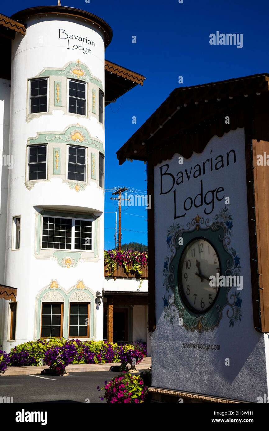 Corner of the Bavarian Lodge hotel. Leavenworth is a Bavarian styled town in Chelan County, Washington, United States Stock Photo