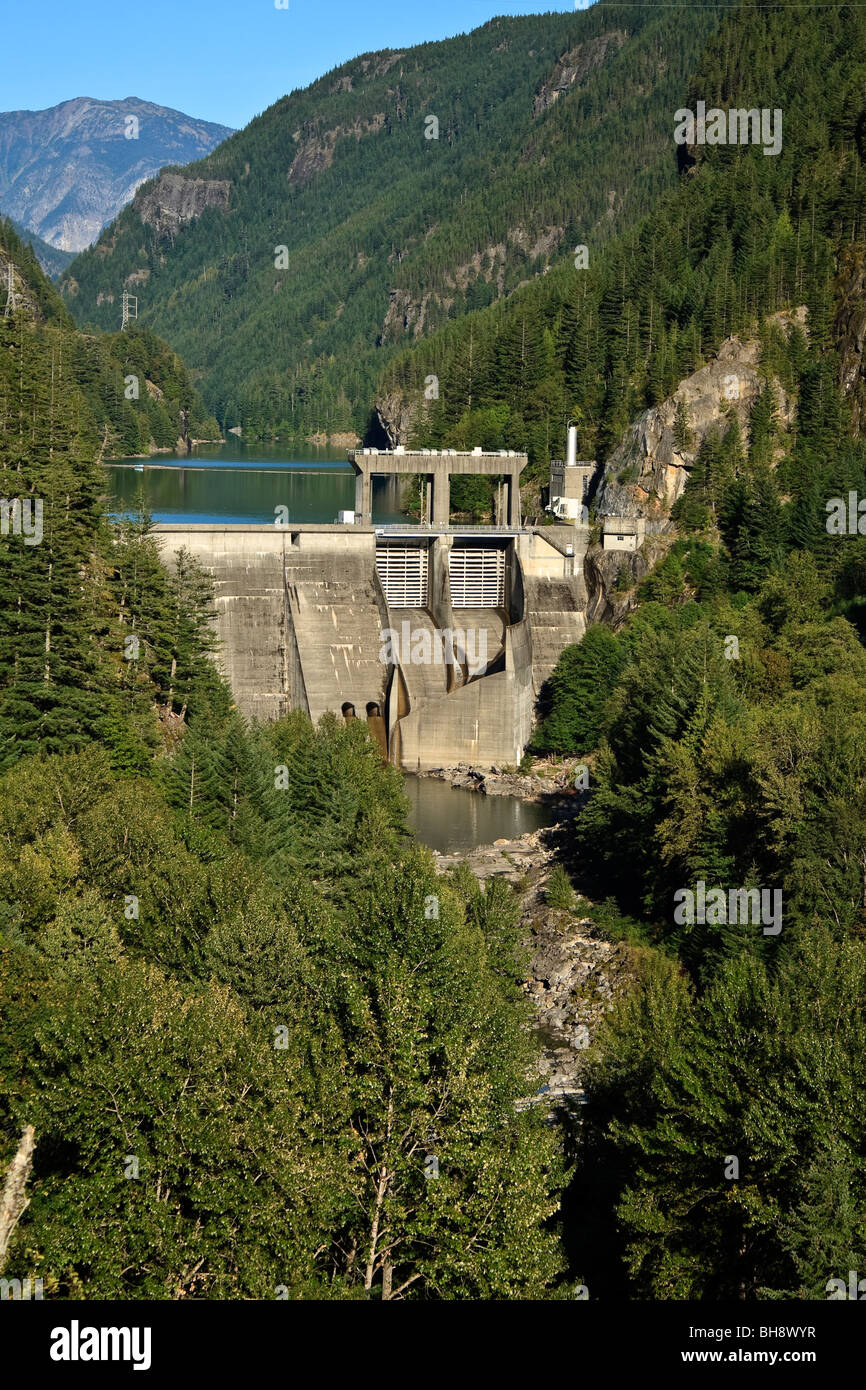 Gorge Dam  in North Cascades, Washington, USA. The dam is one of three Seattle City Light dams. Stock Photo