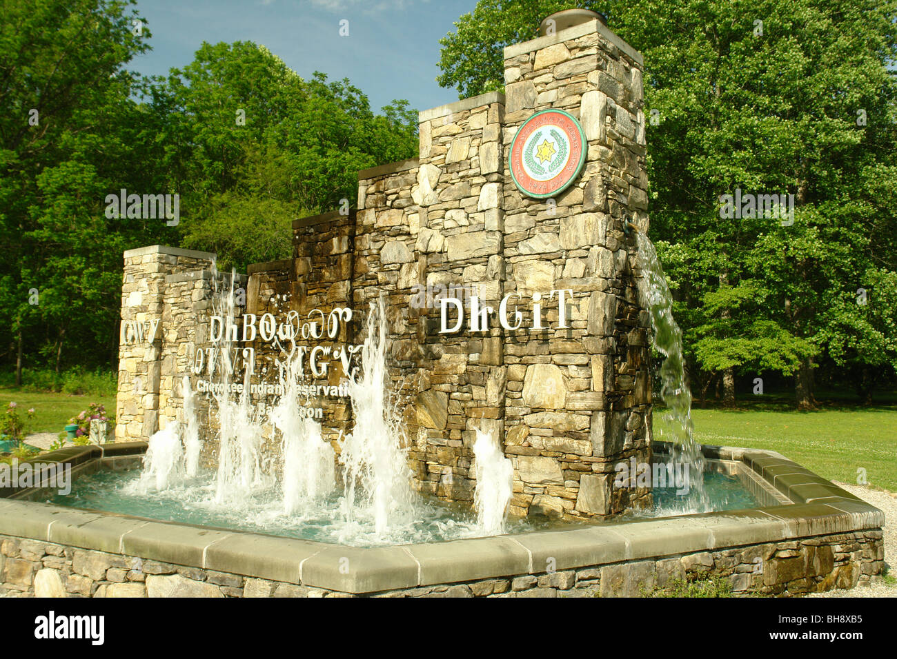 AJD63955, Cherokee, NC, North Carolina, Cherokee Indian Reservation, entrance sign Stock Photo