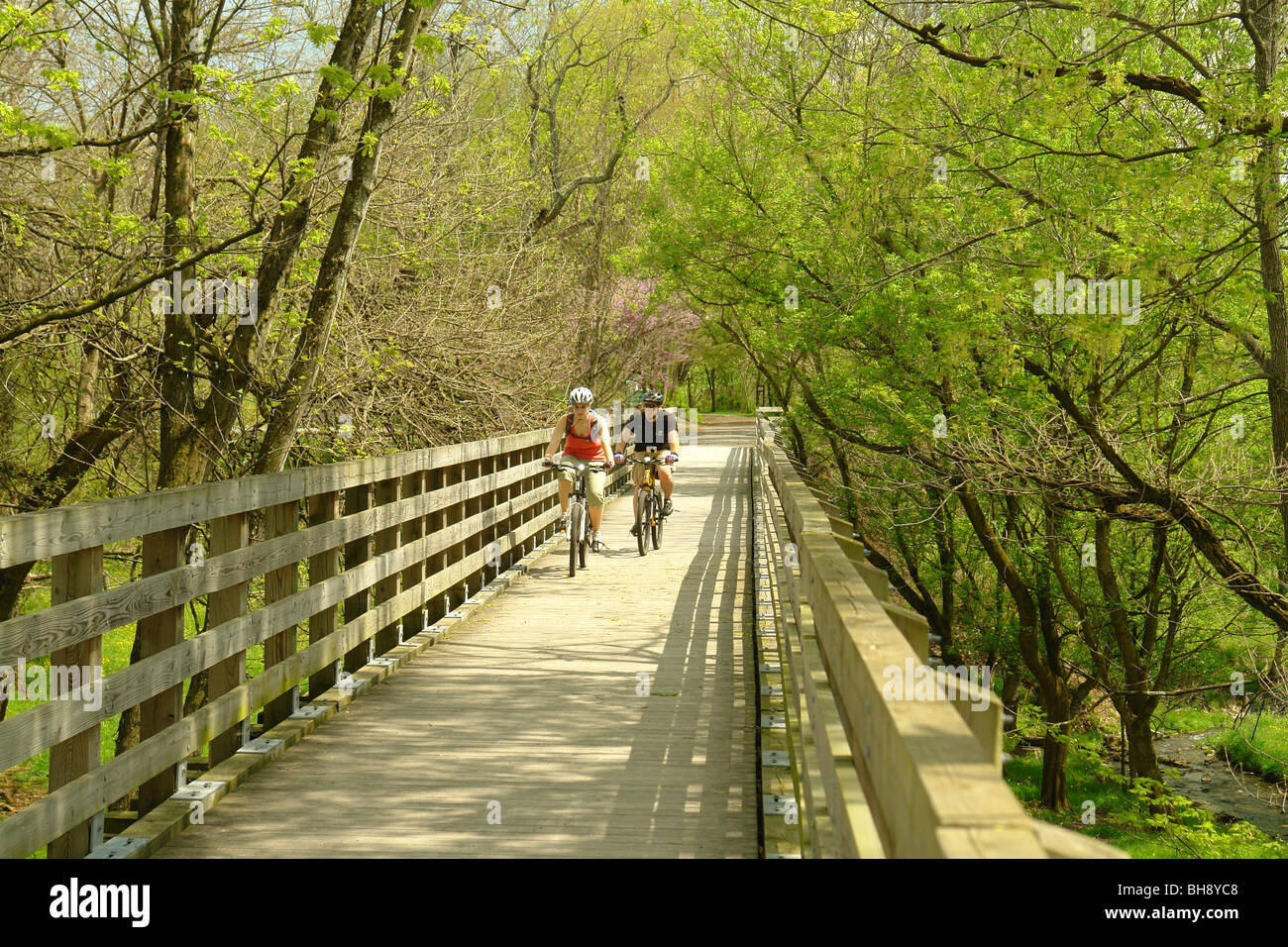 AJD64378, Abingdon, VA, Virginia, The Virginia Creeper Trail, couple biking, train trestle, bridge Stock Photo
