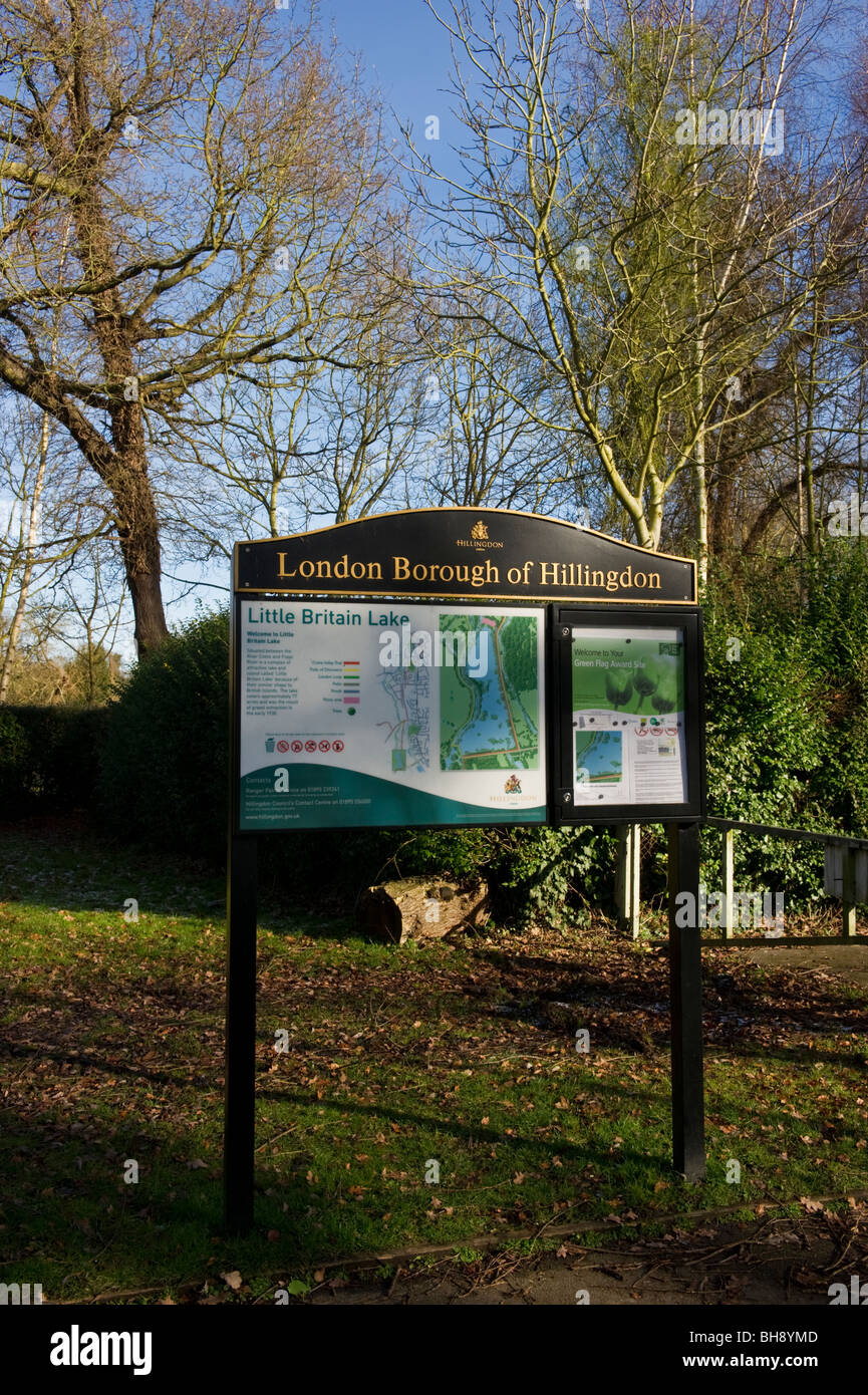 London Borough of Hillingdon council sign and noticeboard at Little Britain lake Cowley Middlesex West London UK Stock Photo