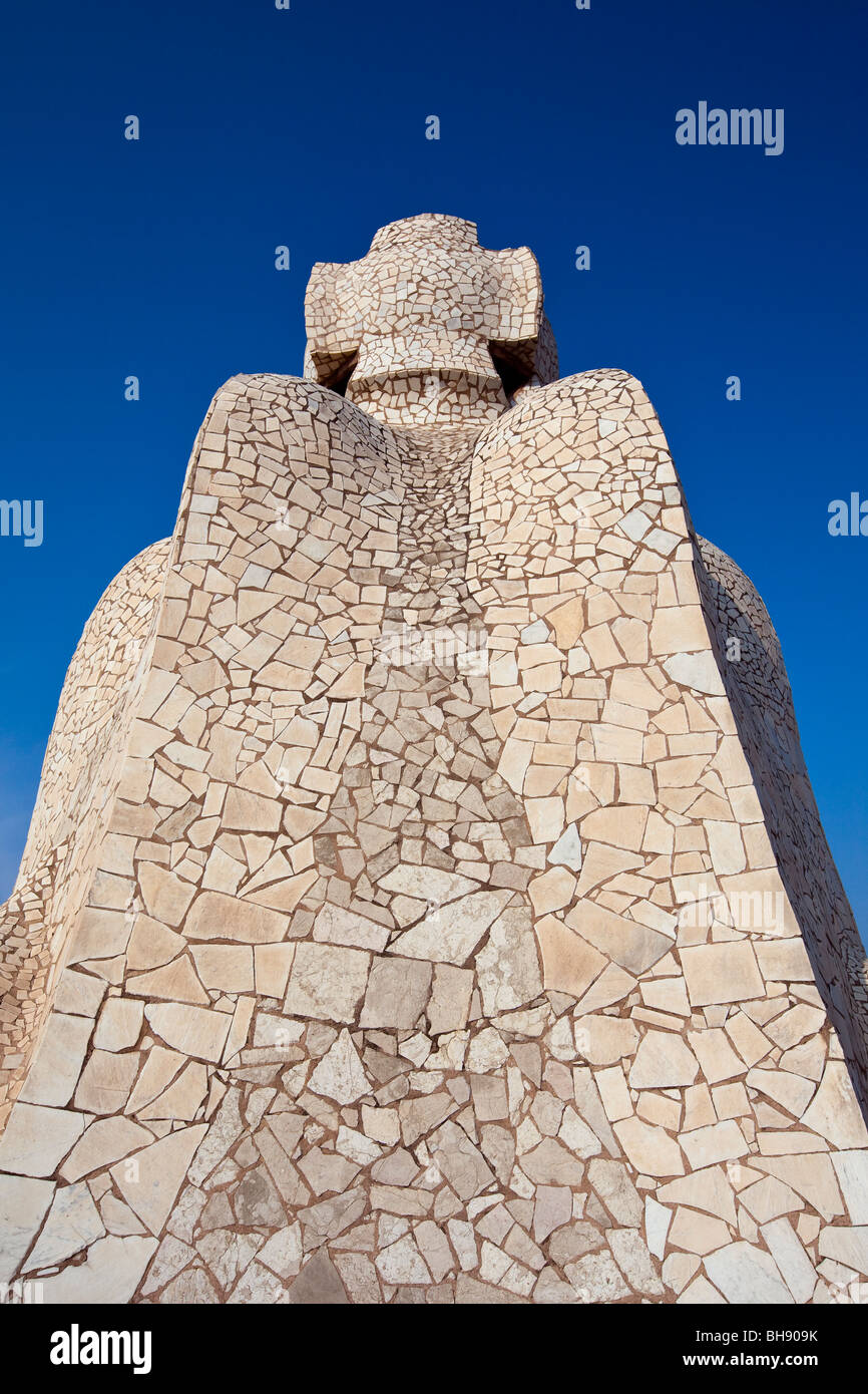 Sculptures of Architect Antoni Gaudi on Casa Mila Rooftop, Barcelona, Catalonia, Spain Stock Photo