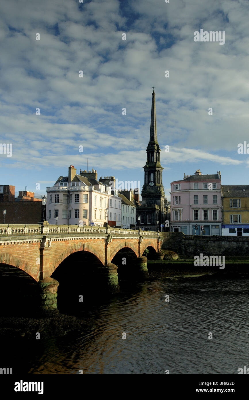 The New Bridge spanning the River Ayr and the Town Hall Spire AyrAyrshire Scotland Stock Photo