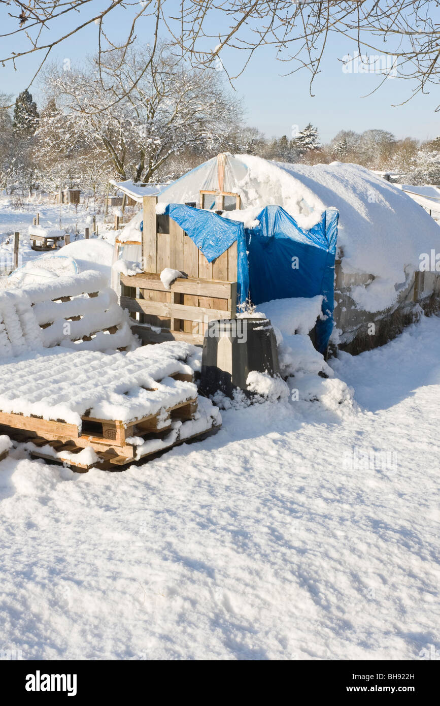Snow covered allotments Stock Photo