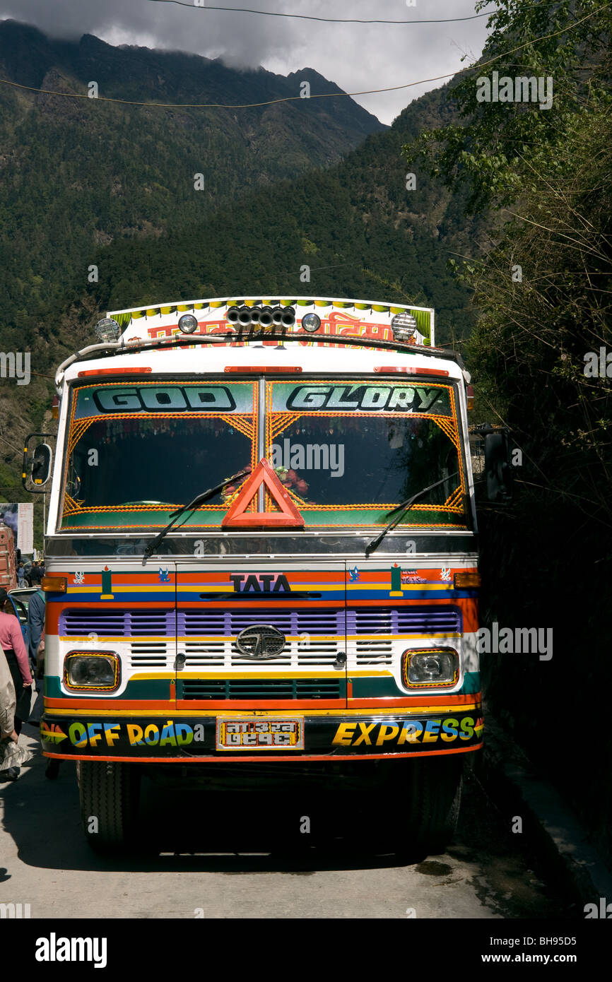 decorated tata lorry in the tibetan border town of zhangmu or dram Stock Photo