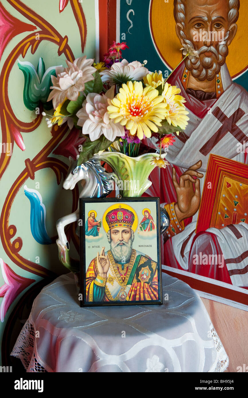 Interior of a Greek chapel as a place for devotion Stock Photo